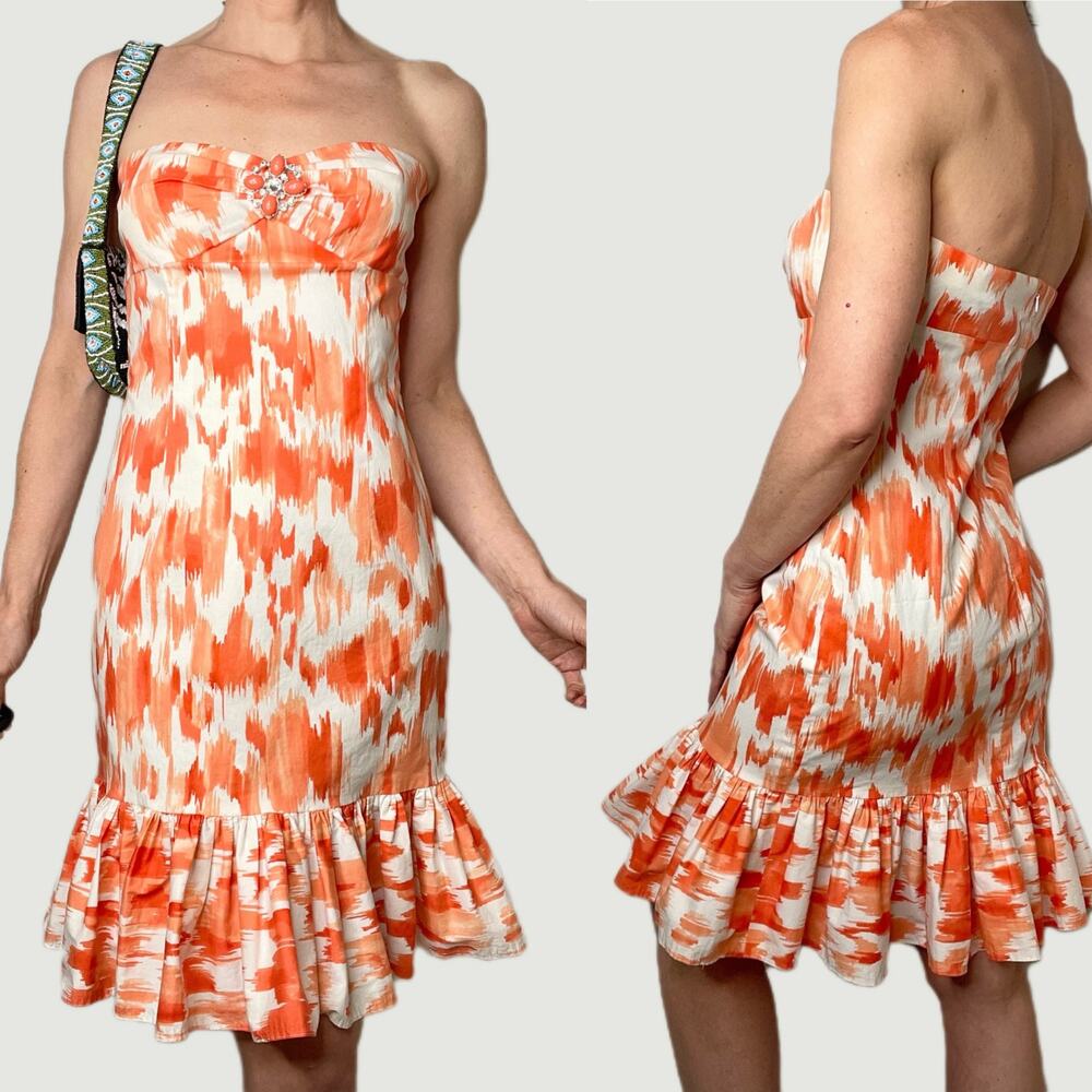Cache strapless coral orange abstract print‎ mini dress ruffle hem Y2K vintage 4